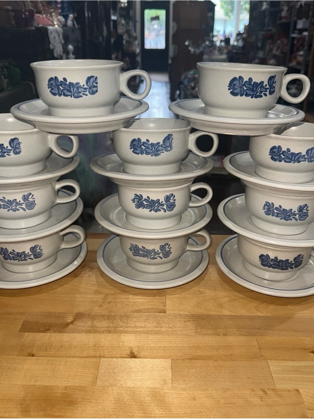 Pfaltzgraff Yorktown Blue White Floral Stoneware Teacup and Saucer Set of 11